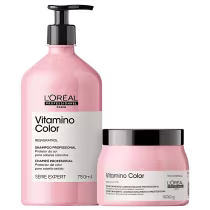 O produto apresentado é um shampoo e uma máscara para cabelos coloridos da linha Vitamino Color da L'Oréal Professionnel.