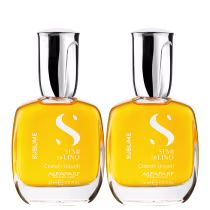 Dois frascos de óleo capilar da marca Alfaparf Milano, da linha Semi di Lino Cristalli Liquidi. Os frascos são transparentes e têm um formato retangular alongado. O líquido dentro é de uma cor amarela vibrante.