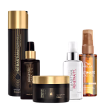 Kit com shampoo, máscara e óleo capilar Dark Oil, da marca Sebastian Professional. Além disso, conta com óleo capilar Penetraitt e outro óleo Ultimate Luxe Oil da marca Wella Professionals.