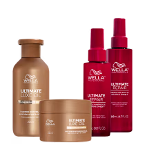 Kit com shampoo e máscara Ultimate Luxe Oil, além de protetor térmico e leave-in Ultimate Repair, da marca Wella Professionals.