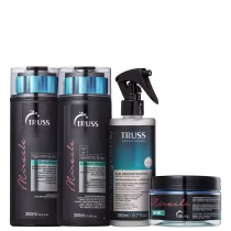 A imagem mostra uma linha de produtos para cabelos da marca Truss. Há dois frascos pretos de shampoo e condicionador de 300ml cada. Um frasco spray de 260ml contém um reconstrutor capilar. Há também uma máscara capilar "Miracle Mask".