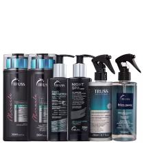 A imagem mostra uma variedade de produtos para cabelos da marca TRUSS. Há itens da linha Miracle, Uso Obrigatório, Frizz Zero, Hair Protector e Night SPA.