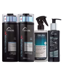 A imagem mostra uma variedade de produtos para cabelos da marca TRUSS. Há itens das linhas Ultra Hydration Plus, Uso Obrigatório e Hair Protector.