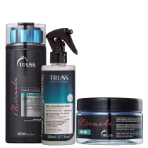 A imagem mostra três produtos de cuidados capilares da marca TRUSS. Um shampoo Miracle, uma máscara capilar Miracle e um Uso Obrigatório.