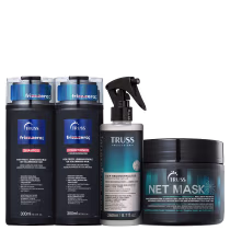 A imagem mostra uma linha de produtos para cabelos frizzy e volumosos da marca Truss. Shampoo e condicionador Frizz Zero, Uso Obrigatório e NET Mask.