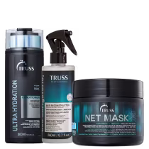 A imagem mostra três produtos de cuidados capilares da marca TRUSS. Um condicionador Ultra Hydration, um Uso Obrigatório e uma máscara capilar NET Mask.