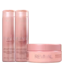 São produtos para cabelos danificados da linha Revival da marca Braé. Todos os itens têm a palavra "Revival" e o logotipo Braé estampados nas embalagens em letras brancas.