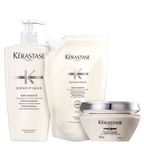 Kit com shampoo, refil de shampoo e máscara capilar Densifique, da marca Kerastase.