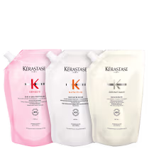 Kit com refil de shampoo Genesis, refil de shampoo Nutritive e refil de shampoo Densifique, todos da marca Kérastase.