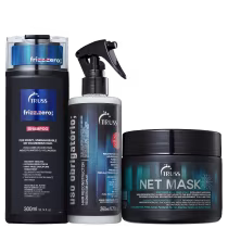 A imagem mostra três produtos de cuidados capilares da marca TRUSS. O primeiro é um shampoo em um frasco plástico, o segundo é um condicionador líquido em um frasco com borrifador, o terceiro é uma máscara capilar em um pote preto.