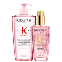 Kit Kérastase Genesis Elixir Ultime Rose, com shampoo e óleo para cabelos quebradiços.