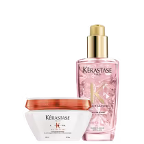 Kit com máscara capilar Nutritive, óleo capilar Elixir Ultime Rose, da marca Kerastase.