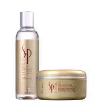 O produto é um shampoo e uma máscara de tratamento capilar da linha Luxe Oil da marca SP System Professional.