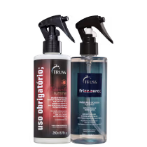 Kit com tratamento disciplinante Frizz Zero e tratamento reconstrutor Uso Obrigatório Miracle Summer, da marca TRUSS.