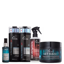 Kit com shampoo, condicionador Ultra Hydration Plus, tratamento reconstrutor Uso Obrigatório Miracle Summer, óleo capilar Uso Obrigatório e máscara capilar Net Mask da marca TRUSS.