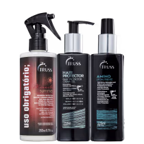 Kit com leave-in Amino, leave-in Hair Protector e tratamento Uso Obrigatório Miracle Summer, da marca TRUSS.