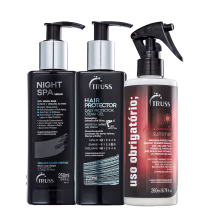Kit com sérum noturno Night SPA, leave-in Hair Protector e tratamento Uso Obrigatório Miracle Summer, da marca TRUSS.