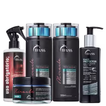 Há dois shampoos com detalhes em azul e prata, com o rótulo "Miracle". Também há um frasco de protetor diário. Um pote de máscara capilar da linha "Miracle"  e um spray de tratamento reconstrutor.