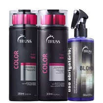 A imagem mostra o shampoo e o condicionador da linha Truss Color e ao lado o frasco em spray do Uso Obrigatório Blond.