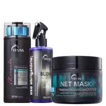 A imagem mostra um kit de 3 produtos de TRUSS, sendo um shampoo da linha Miracle, um pote da máscara net mask e um frasco do Uso Obrigatório Blond.