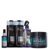 A imagem mostra um kit de TRUSS, contendo um shampoo e condicionador da linha Ultra Hydration Plus, um frasco de óleo capilar, um frasco do Uso Obrigatório Blond e um pote de máscara capilar net mask.