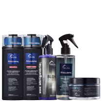 5 produtos de cabelo da marca TRUSS dispostos lado a lado. Cores predominantes são azul e preto.