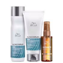 Kit Wella Professionals com shampoo 250ml e condicionador 200ml da linha BlondorPlex e óleo capilar 100ml da linha Ultimate Luxe Oil