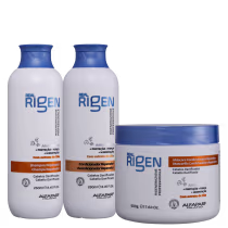 Kit com shampoo, condicionador e máscara capilar Real Rigen, da marca Alfaparf Milano.