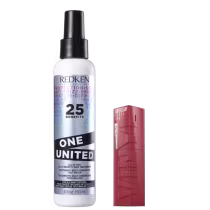 Tratamento capilar Redken, chamado "One United". Trata-se de um tratamento multi-benefício em formato de spray, com 25 benefícios anunciados na embalagem. Ao lado, há a embalagem do batom líquido superstay ink da marca Maybelline.