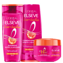 Kit com shampoo, condicionador e máscara Liso dos Sonhos, da marca Elseve.