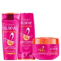 Kit com shampoo, condicionador e máscara Liso dos Sonhos, da marca Elseve.
