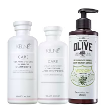 Kit Beleza na Web com shampoo e condicionador Keune Keratin Smooth e loção hidratante Korres Olive