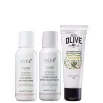 Kit Beleza na Web shampoo e condicionador Keune Keratin Smooth Mini + Creme Korres Olive Mãos