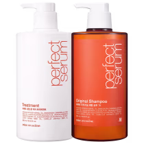 O produto de beleza Mise en Scène consiste em um frasco de shampoo laranja e máscara capilar, da linha Perfect Serum.