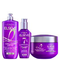 Produtos da linha Elseve da L'Oréal Paris Collagen Lifter, incluindo um creme para pentear volume sem frizz, um leave-in de massa e um tratamento efeito teia, todos em embalagens roxas