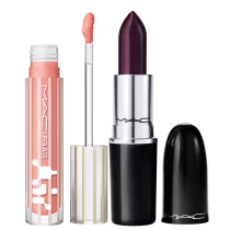 Kit M·A·C Lustreglass Succumb To Plum + Lipglass Airshine Behaved, 2 produtos.