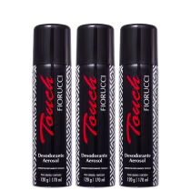 Três frascos de desodorante aerossol da marca Fiorucci, com embalagem preta e vermelha, exibindo o nome da marca em destaque. Os frascos possuem 170 ml de conteúdo líquido.