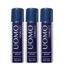 Três frascos de desodorante aerossol da marca Fiorucci, com embalagem azul escura e branca, contendo 170 ml cada. O rótulo apresenta o nome da marca em destaque.