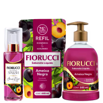 Produtos Fiorucci: Deo Colônia Splash Ameixa Negra 200ml, Sabonete Líquido Ameixa Negra 440ml e 500ml, em embalagens com cores rosa e verde, destacando a fragrância e hidratação.