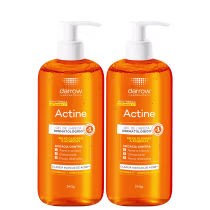 Dois frascos de gel de limpeza dermatológico Darrow Actine, com 240g cada, em embalagem laranja com rótulos brancos destacando a fórmula com vitamina C e ácido salicílico, indicada para peles oleosas e acneicas.