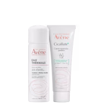 Dois produtos da linha Avène: um frasco de Água Termal Avène e um tubo de Creme Reparador Protetor Cicalfate+, ambos com embalagens brancas e detalhes em laranja.