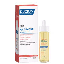 Caixa branca e vermelha do shampoo Anaphase Reactiv da Ducray, com frasco de vidro contendo loção antiqueda Creastim Reactiv da mesma marca.