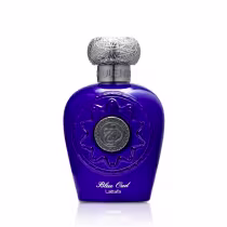 Frasco de perfume Lattafa Perfumes Blue Oud, com design escultural em tom azul-violeta, tampa decorativa e rótulo destacado.
