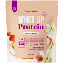 Embalagem de suplemento alimentar em pó da marca Sanavita, com sabor de baunilha e caramelo. Apresenta informações nutricionais e destaca o conteúdo de 22g de proteína por porção.