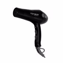 O produto apresentado na imagem é um secador de cabelos da marca Lizz Professional . Trata-se de um secador de cabelos preto, com design cilíndrico e compacto. O nome "Titanium" está claramente exibido no corpo do secador.