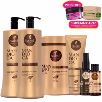 Kit com shampoo, condicionador, máscara, leave-in, reparador de pontas e tratamento capilar da linha Mandioca da marca Haskell.