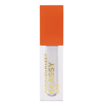 Gloss labial em embalagem plástica retangular na cor laranja vibrante. A embalagem possui uma base branca onde está impresso o texto "MARI MAKE UP GLASSY LIPS" em letras maiúsculas e fonte simples. O produto pertence à linha de maquiagem Mari Maria.