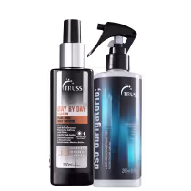 A imagem mostra dois produtos da marca TRUSS. À esquerda, há um frasco prateado e preto contendo Leave-in, e à direita, há um frasco borrifador plástico preto com fundo azulado, do tratamento reconstrutor.