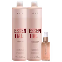 A imagem mostra produtos cabelos da marca Braé: shampoo e condicionador Essential de 1 litro cada e óleo capilar Revival Gorgeous Shine Oil de 60ml. As cores predominantes das embalagens são rosa e branco.