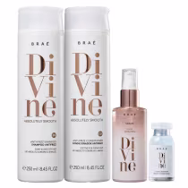 A imagem mostra produtos da linha Divine da marca Braé. Inclui shampoo e condicionador de 250ml; sérum Plume Sensation 60ml e ampola capilar de 13ml. As cores predominantes são branco, dourado e rosa.